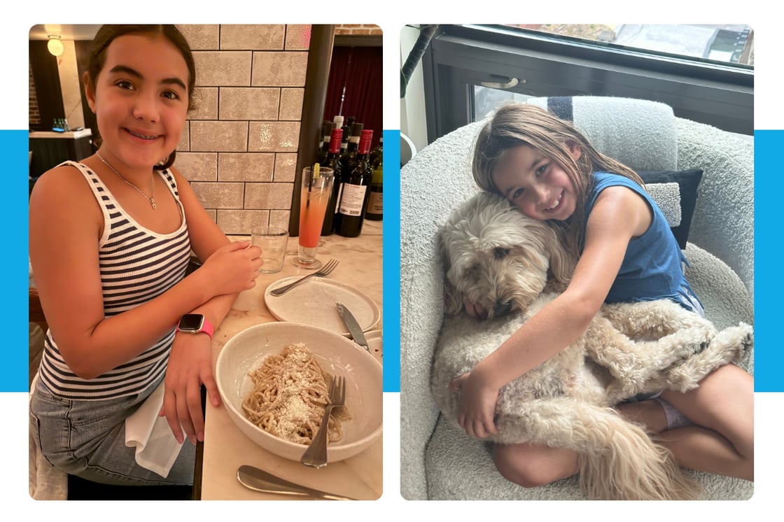 Young girls with beige dog. 